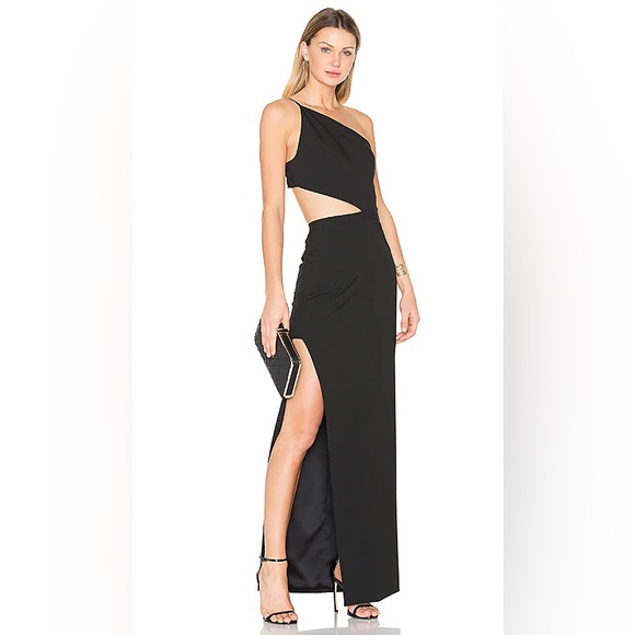Michelle Mason 0 Asymmetrical Bandeau Black Gown Maxi Dress Cutout - Picture 1 of 9